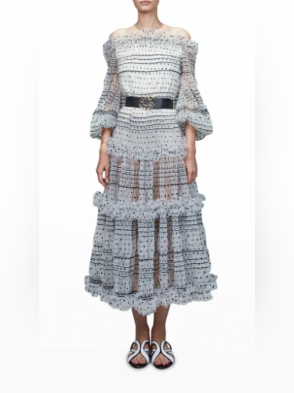Elie Saab Polka-Dot Flocked Tulle Midi Dress Size FR42 $4400